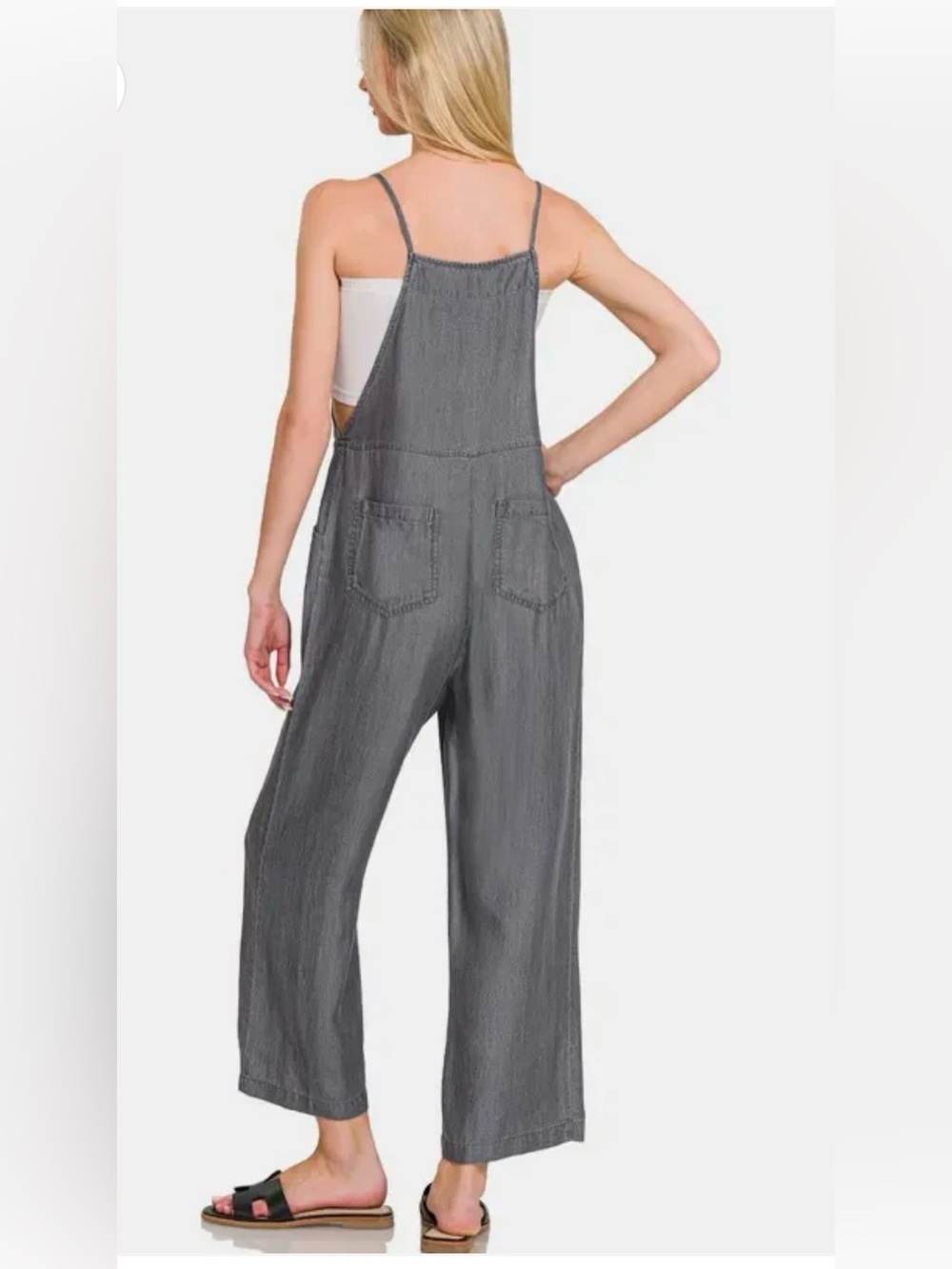 Zenana Outfitters Gray Wide-Leg Strap Tie Denim Overalls - Picture 3 of 3